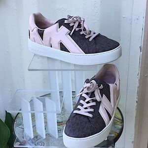 Michael Kors Poppy Lace-up MK Blush Pink /Brown Logo Signature Print Sneakers